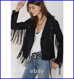 Womens Suede Leather Black Fringe Native American Western Style Cowgirl Jacket