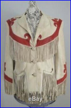 Womens Suede Leather Cream Fringe Native American Western Style Cowboy Jacket