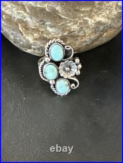 Yazzie Ring Blue Turquoise Navajo Sterling Silver Cluster Size 8.5 19226