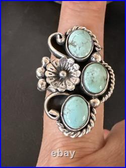 Yazzie Ring Blue Turquoise Navajo Sterling Silver Cluster Size 8.5 19226