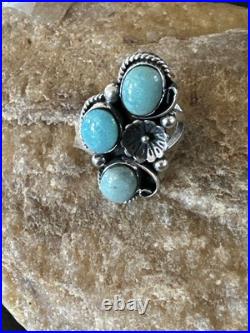 Yazzie Ring Green Turquoise Navajo Sterling Silver Cluster Size 8 19222