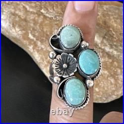 Yazzie Ring Green Turquoise Navajo Sterling Silver Cluster Size 8 19222
