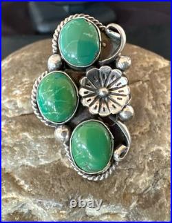 Yazzie Ring Green Turquoise Navajo Sterling Silver Cluster Size 8.5 19234