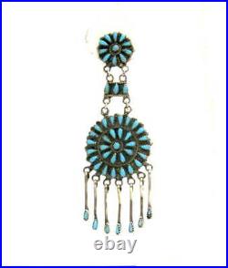 ZUNI Native American Sterling Petit Point Turquoise Chandelier Earrings 3 L