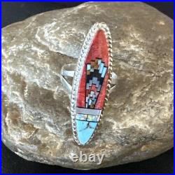 Zuni Gilson Opal Coral Turquoise Multicolor Inlay Ring Sterling Silver Sz 6