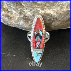 Zuni Gilson Opal Coral Turquoise Multicolor Inlay Ring Sterling Silver Sz 6