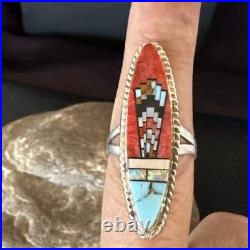 Zuni Gilson Opal Coral Turquoise Multicolor Inlay Ring Sterling Silver Sz 6