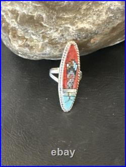 Zuni Gilson Opal Coral Turquoise Multicolor Inlay Ring Sterling Silver Sz 6