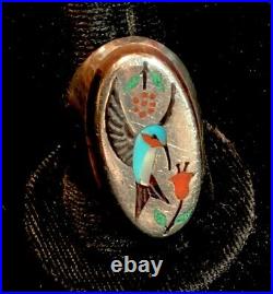 Zuni Hummingbird Inlay Ring Size 10 Silver Signed Vintage Native American USA