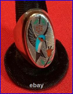 Zuni Hummingbird Inlay Ring Size 10 Silver Signed Vintage Native American USA