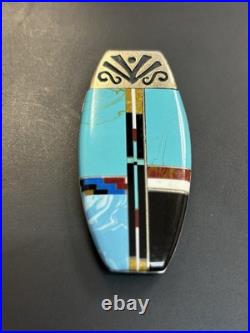 Zuni Silver Turquoise INLAY Coral Money Clip Handmade Vintage Native American