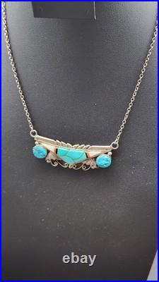 Zuni Sterling Silver Turquoise Inlay Necklace VTG Native American Signed