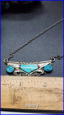 Zuni Sterling Silver Turquoise Inlay Necklace VTG Native American Signed