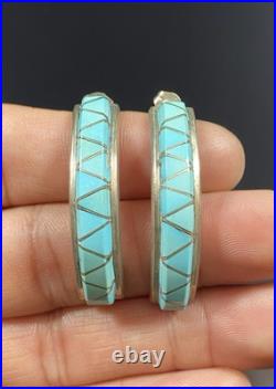 Zuni Vintage Native American Sterling Silver. 925 Turquoise Inlay Earring Signed