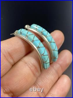 Zuni Vintage Native American Sterling Silver. 925 Turquoise Inlay Earring Signed