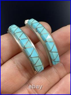 Zuni Vintage Native American Sterling Silver. 925 Turquoise Inlay Earring Signed