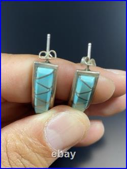 Zuni Vintage Native American Sterling Silver. 925 Turquoise Inlay Earring Signed